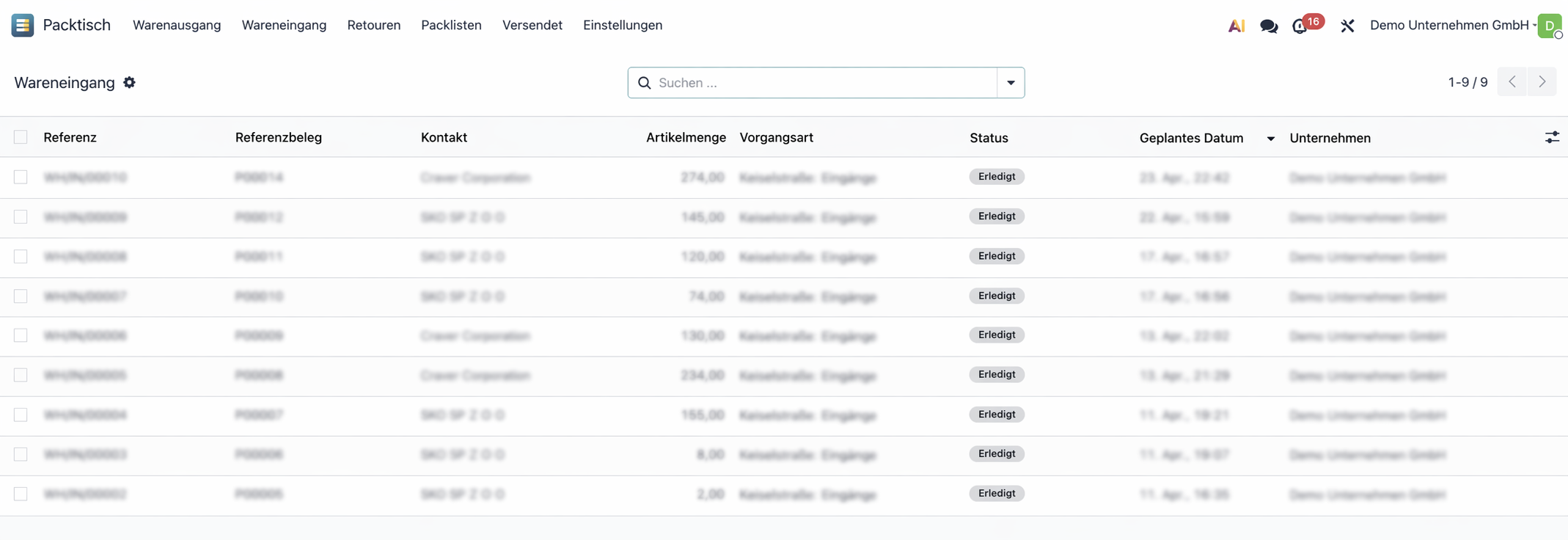 Wareneingang-Liste