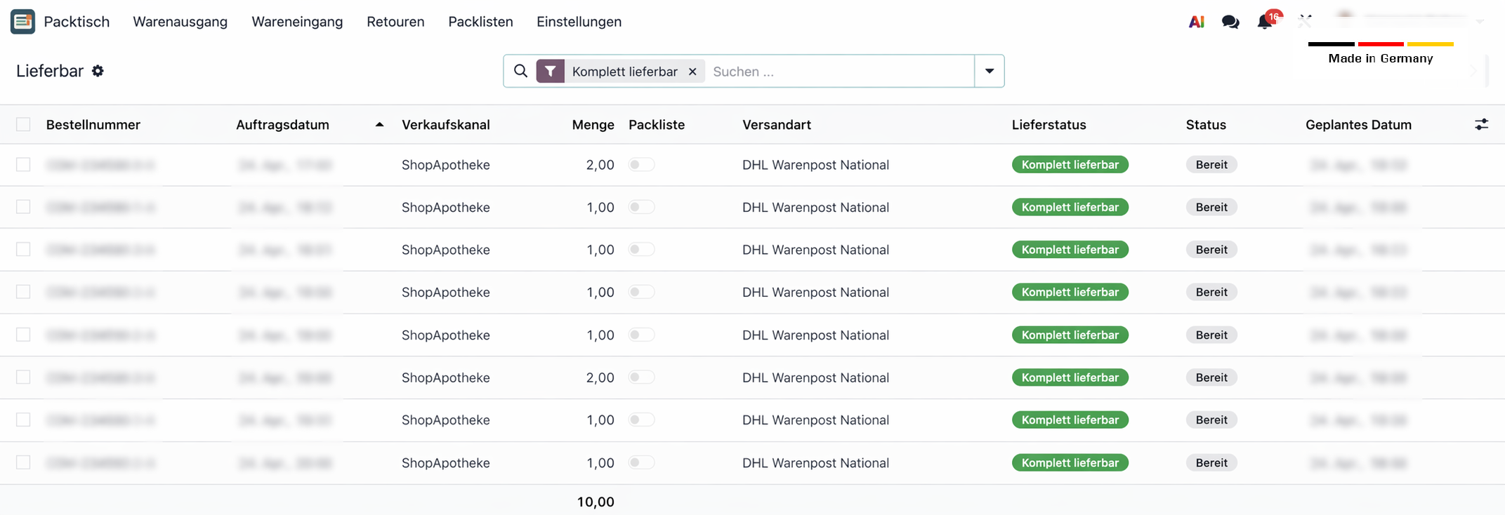 Packtisch — Lieferbar-Liste